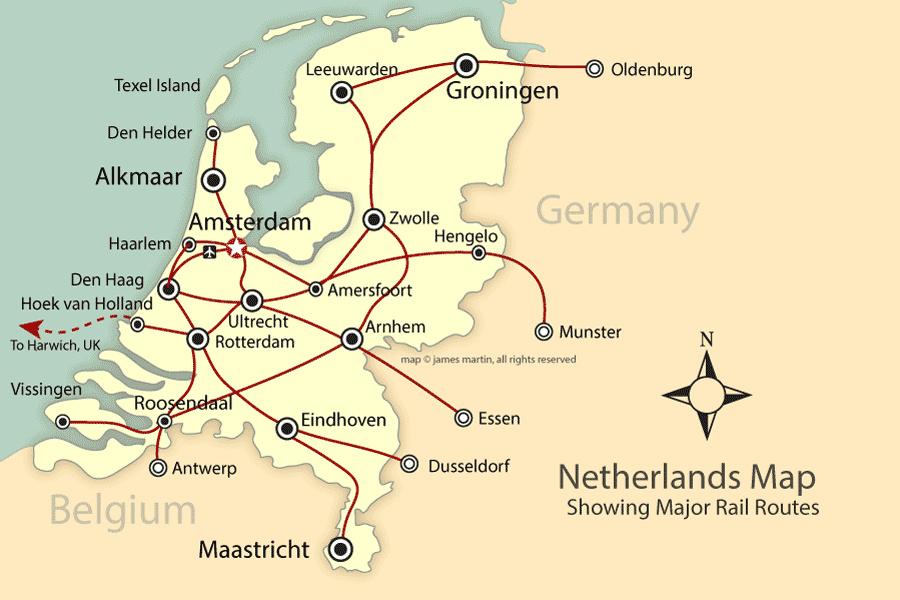 Netherlands rail map showing cities
